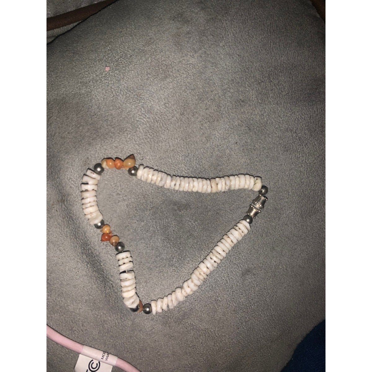 Vintage Puka Shell Necklace White Orange Beads Silver Tone Barrel Clasp Beach