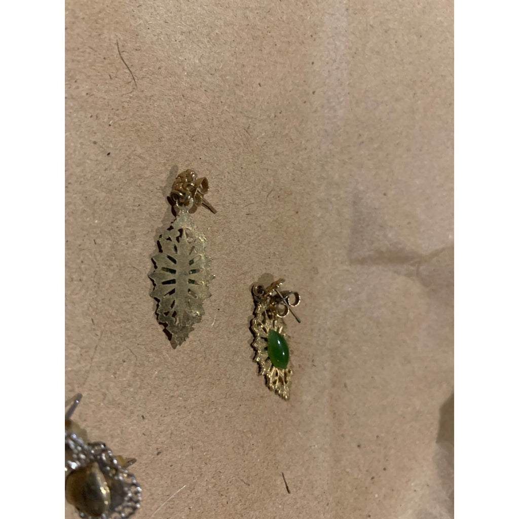 Vintage Gold Filled Jade Filigree Drop Earrings Green Marquise Cabochon Post