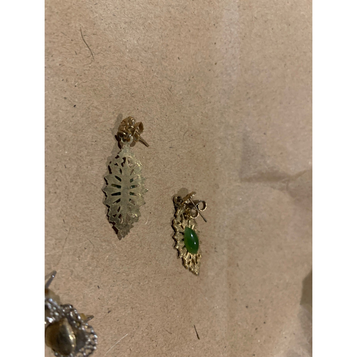 Vintage Gold Filled Jade Filigree Drop Earrings Green Marquise Cabochon Post