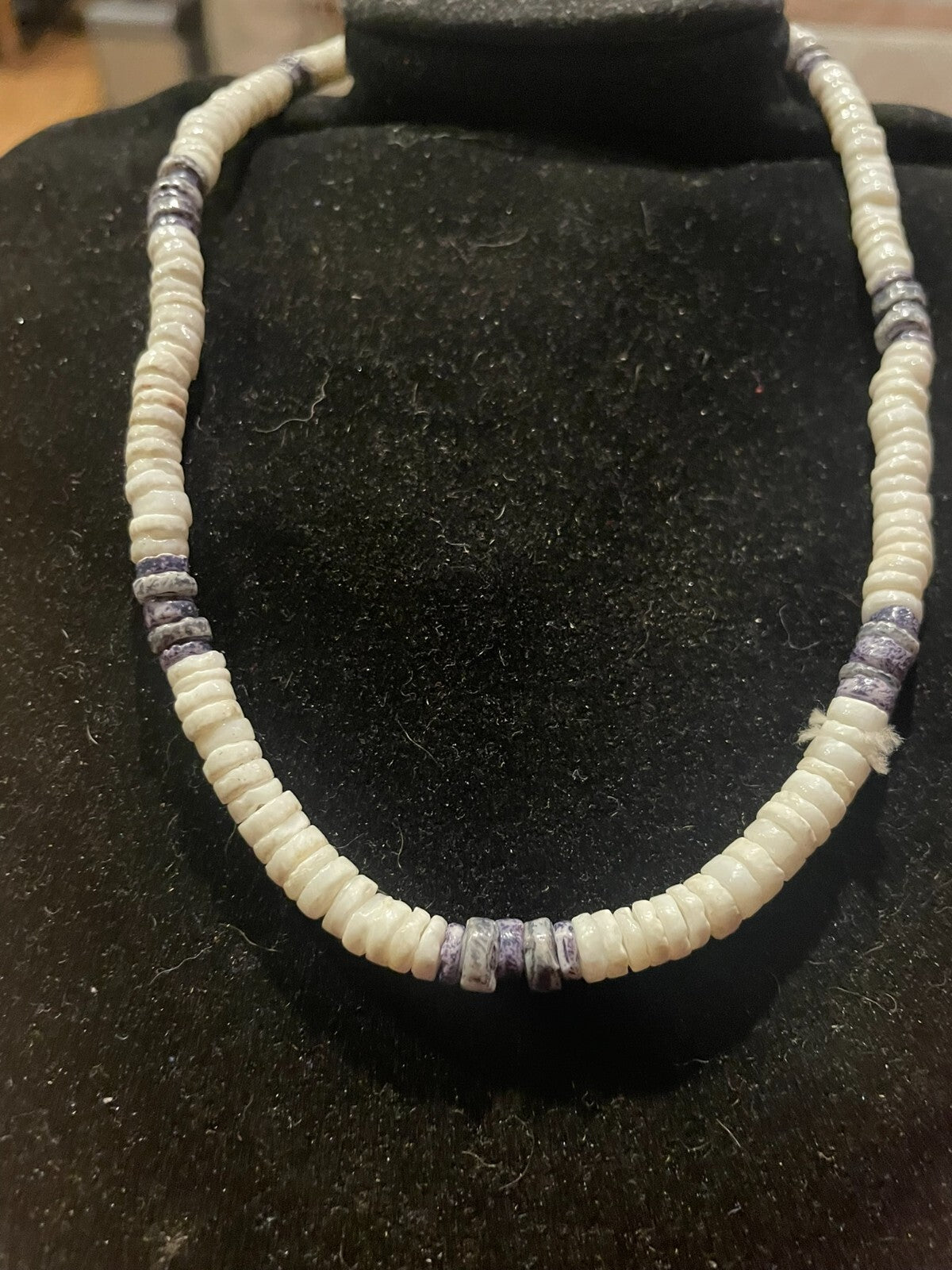 native American vintage heishi Bead pukashell necklace with sodalite beads