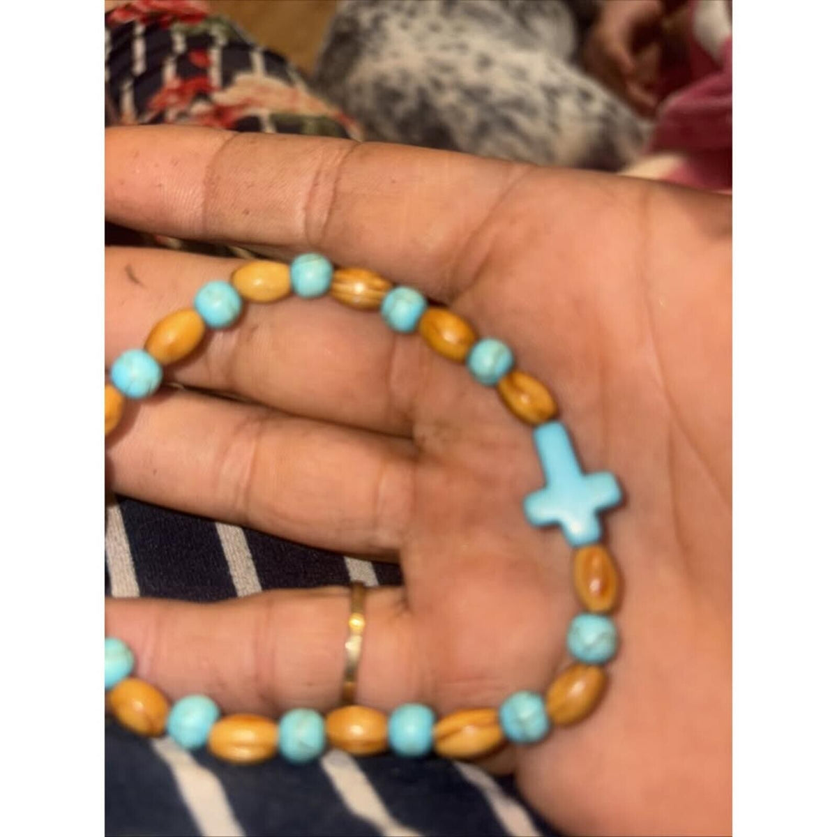 Howlite And Wood Stretch Bracelet with cross