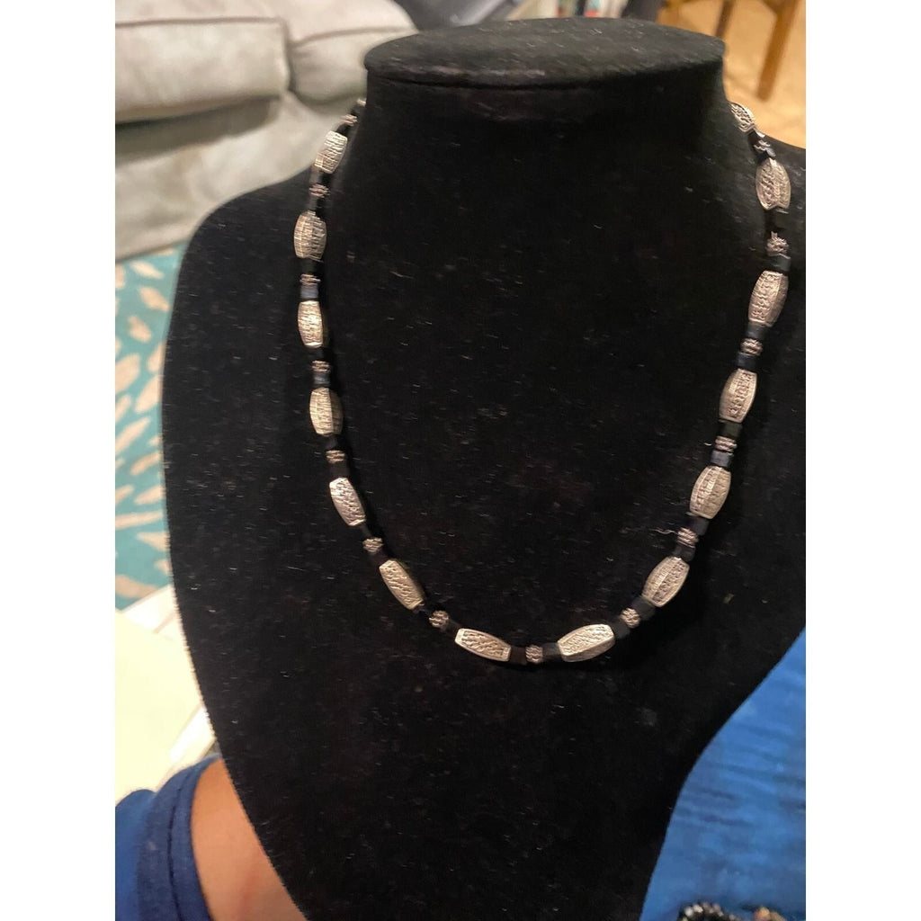 Vintage Silver Tone Engraved Barrel Bead Necklace Black Spacers 18 Inch Ornate