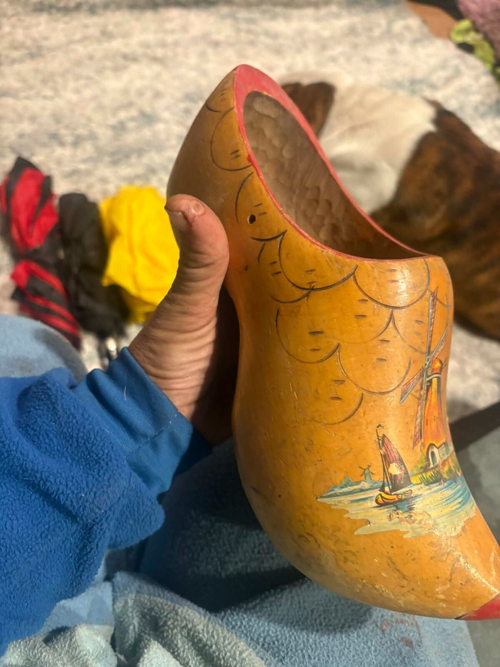 Vintage Hand Painted Wooden Dutch Shoe Clog Windmill Folk Art Sculpture Yellow