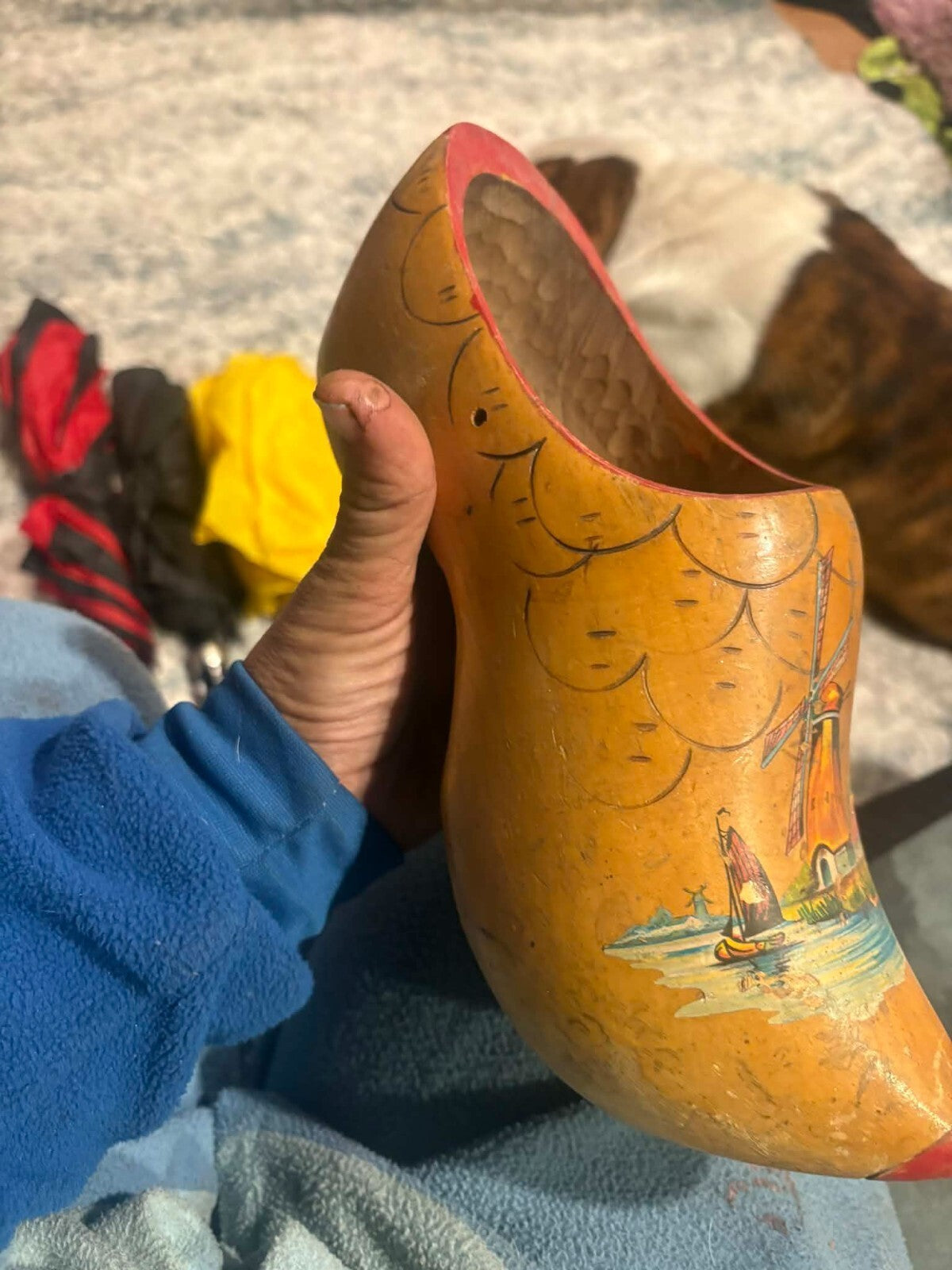 Vintage Hand Painted Wooden Dutch Shoe Clog Windmill Folk Art Sculpture Yellow