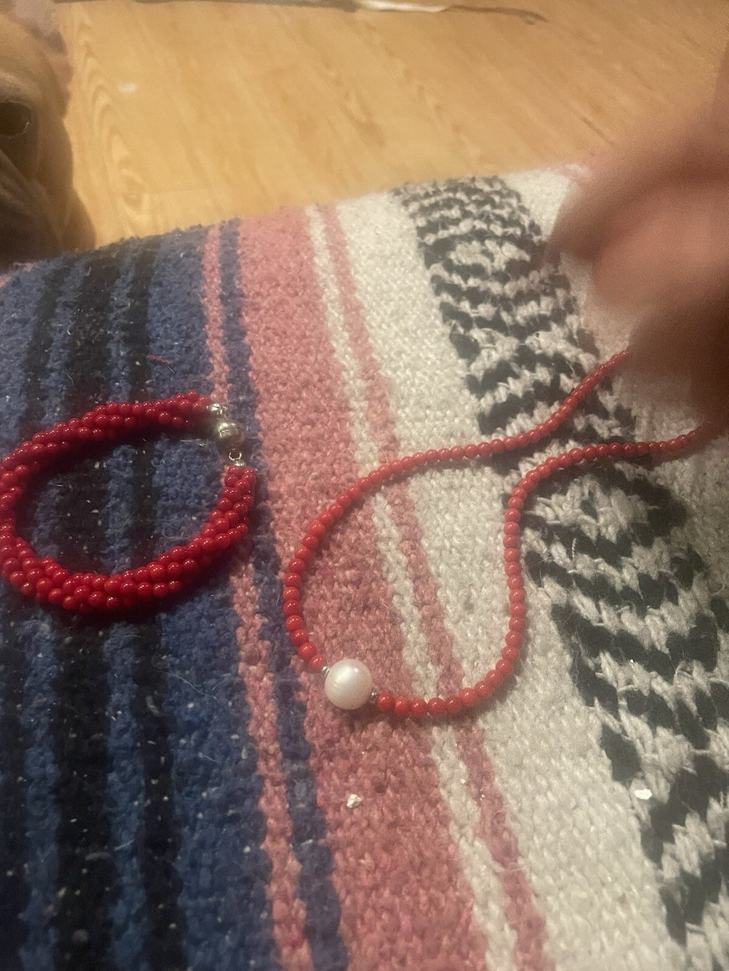 Red Coral Pearl Necklace And Weaved 925 Coral Bracelet