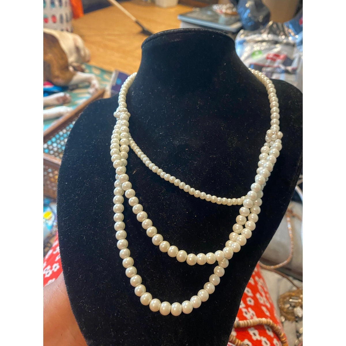 Vintage Style Multi Strand Glass Pearl Necklace Rhinestone Accent Cream White