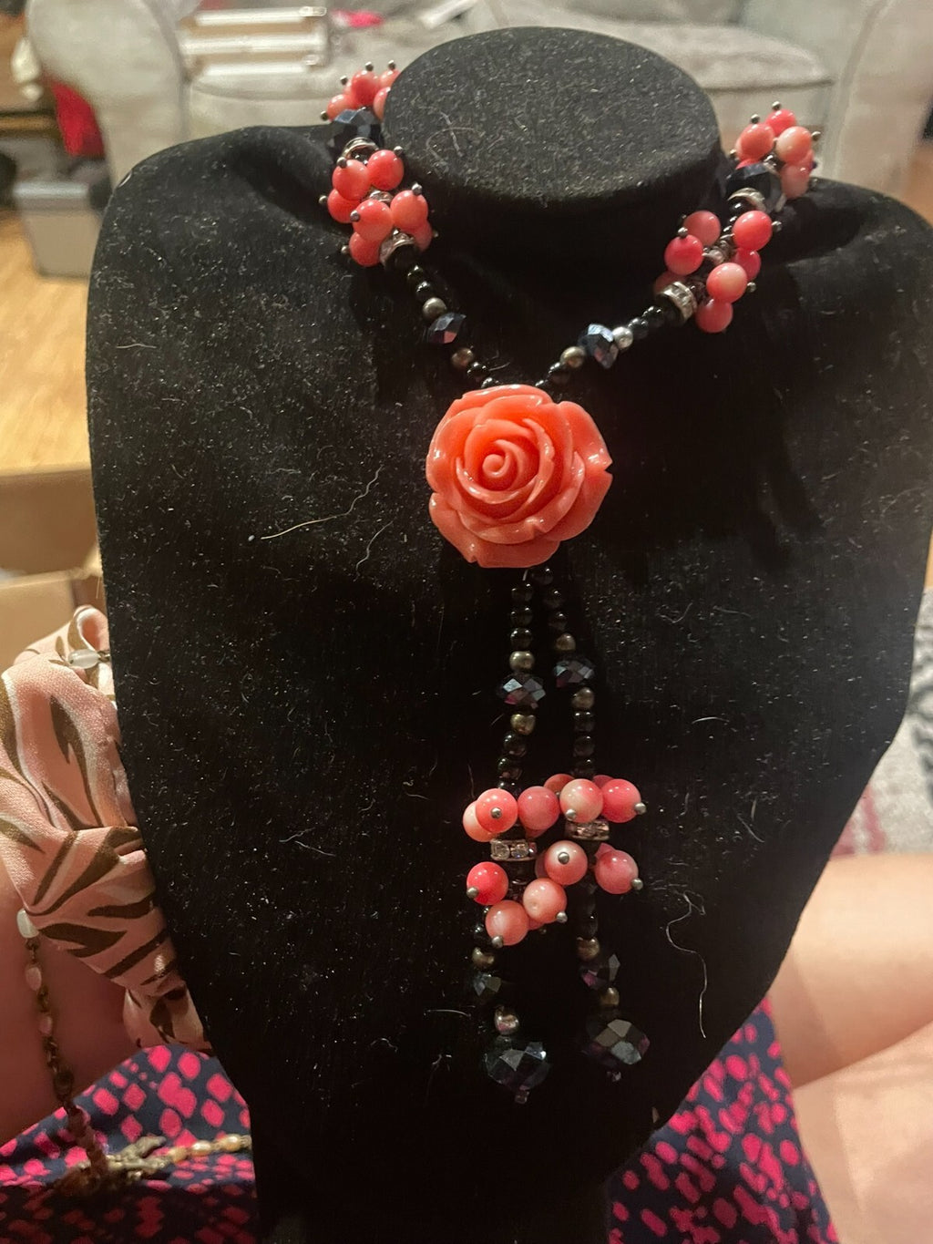 glass rhinestone and acrylic pink and black necklace with flowers