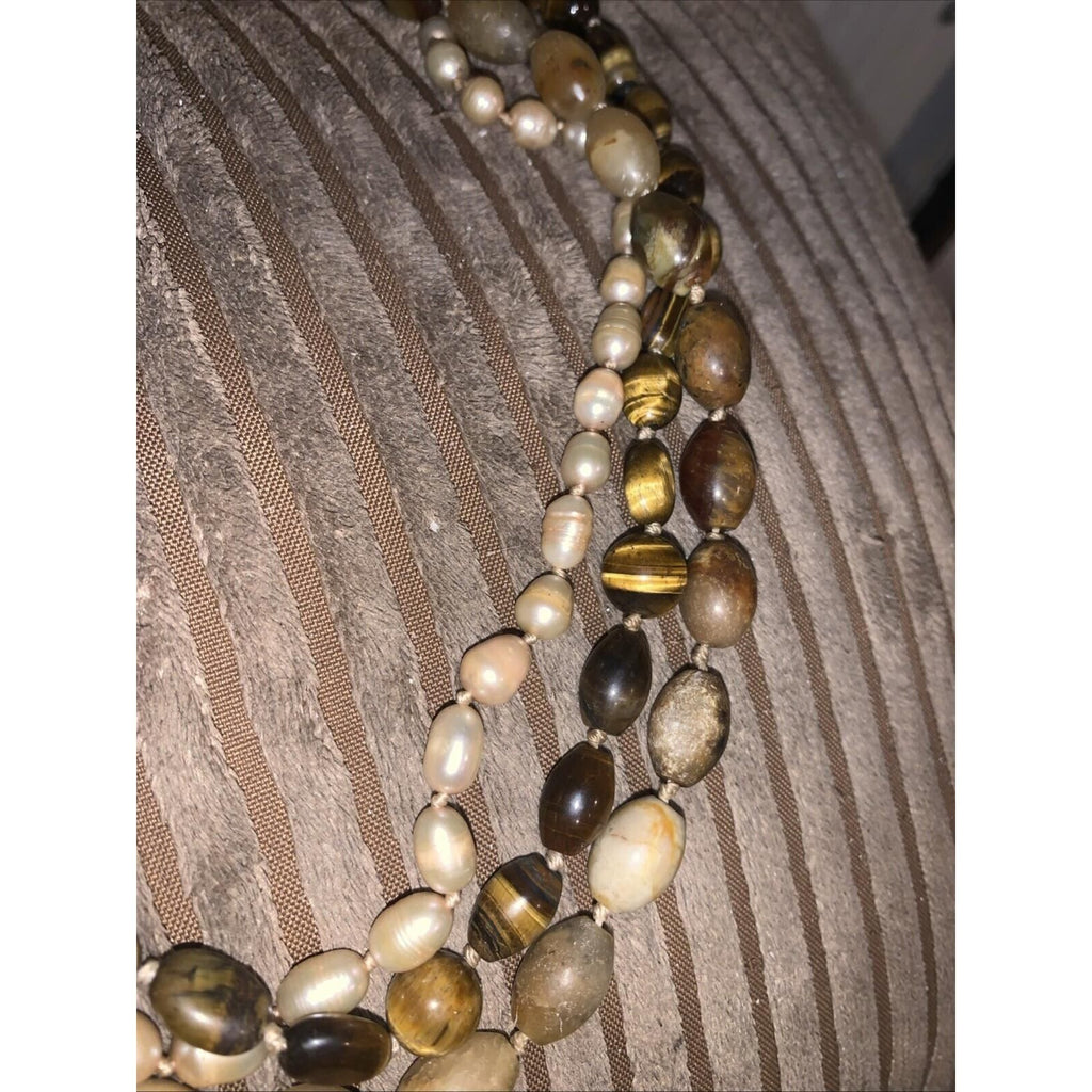 Natural Pearl Iron Tigers Eye Agate Tibet Beaded Necklace