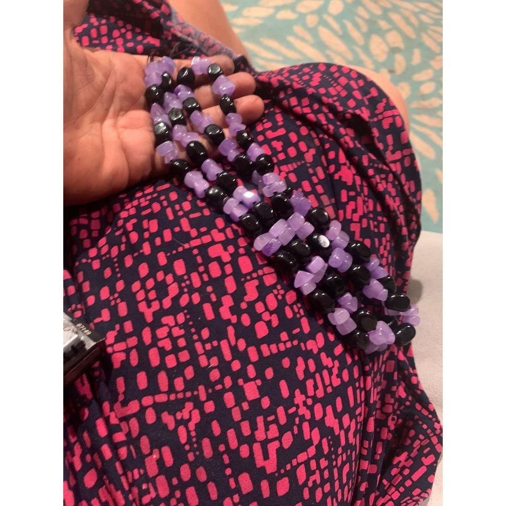 Handmade Purple Lavender Quartz Black Onyx Beaded Strand Necklace Boho Statement
