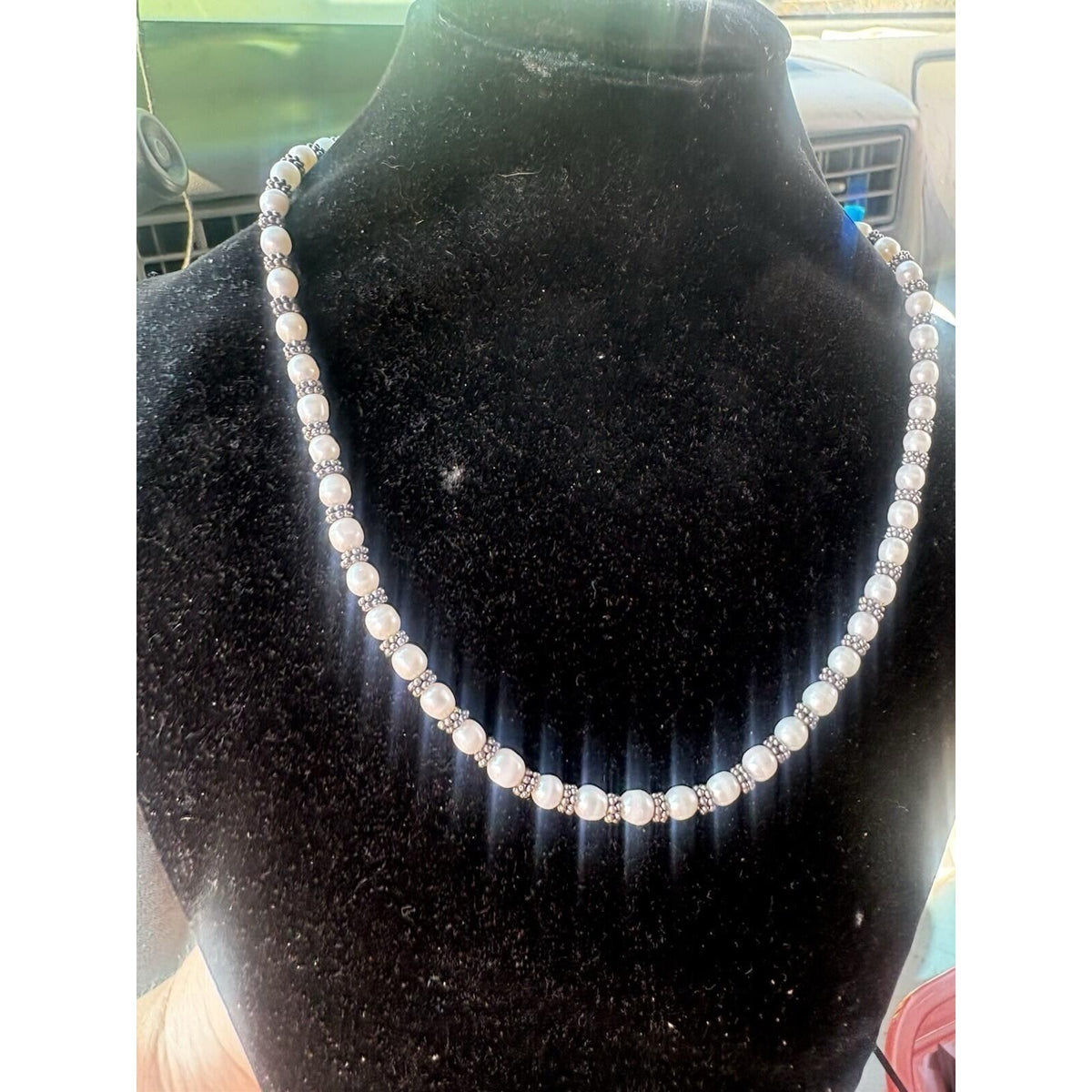 Handmade Rice Pearl Sterling Silver Beaded Necklace Toggle Clasp White Artisan