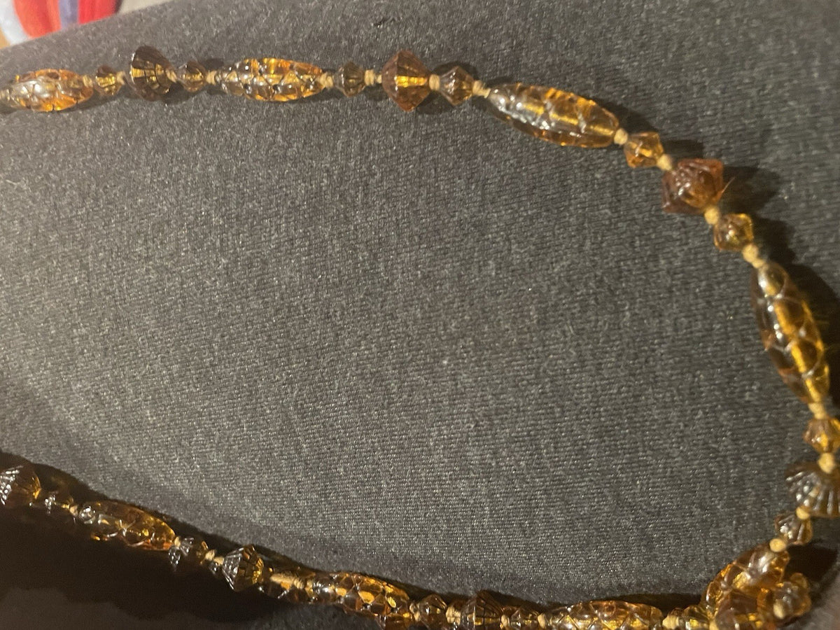 1920’s Czech Glass Honey Amber Carved Glass Bead Necklace
