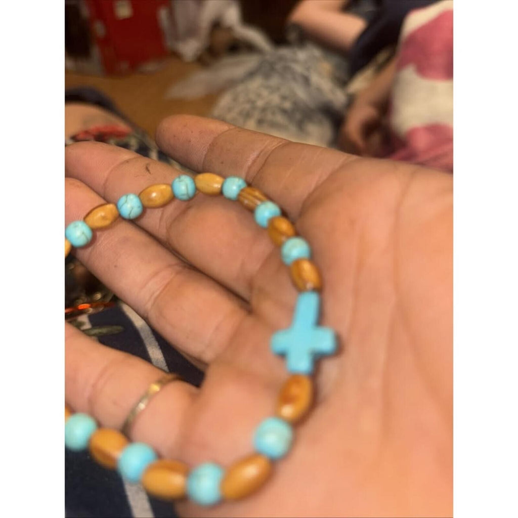 Howlite And Wood Stretch Bracelet with cross