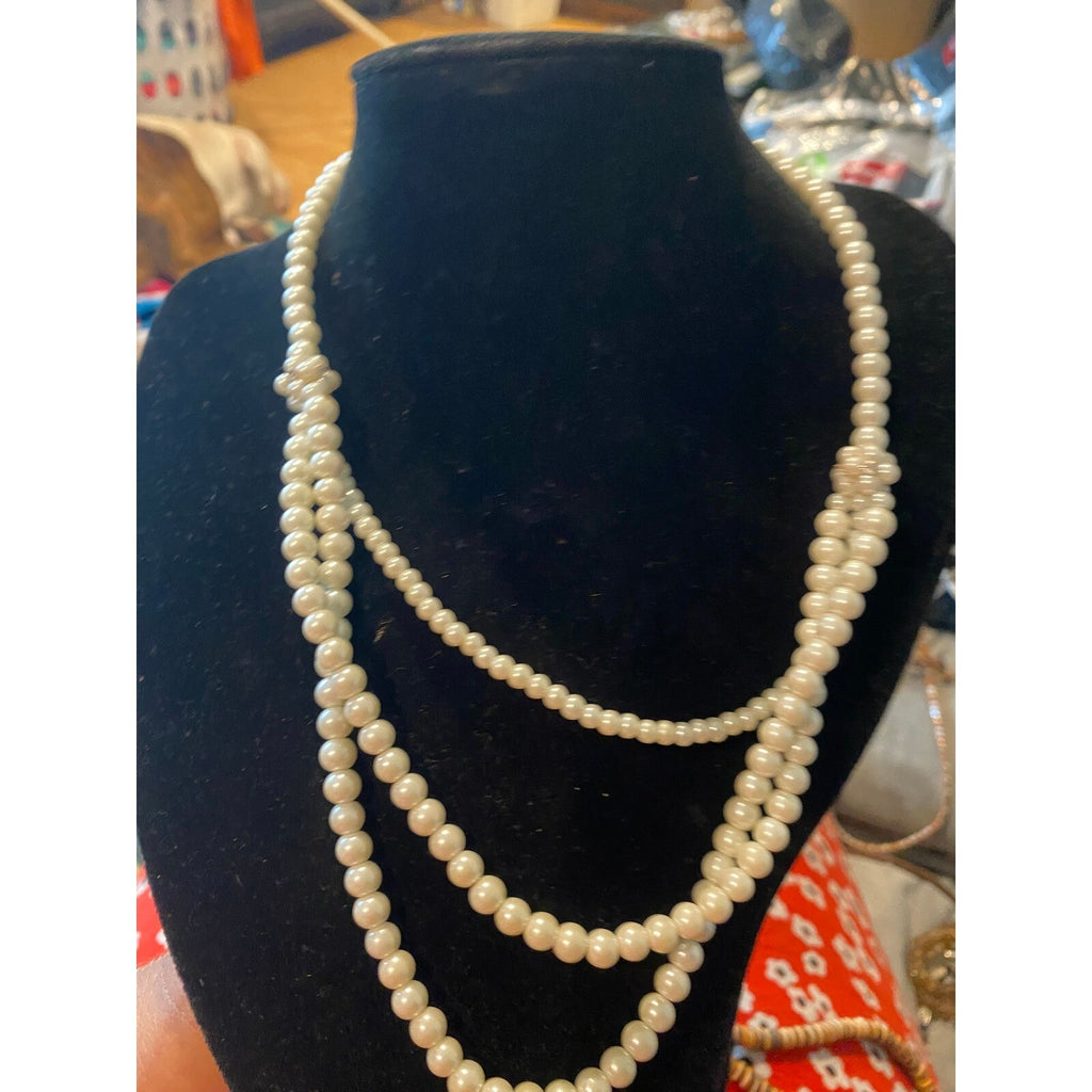 Vintage Style Multi Strand Glass Pearl Necklace Rhinestone Accent Cream White