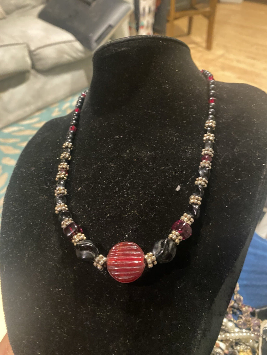 Art Deco Revival ruby-red and jet-blac Glass Necklace