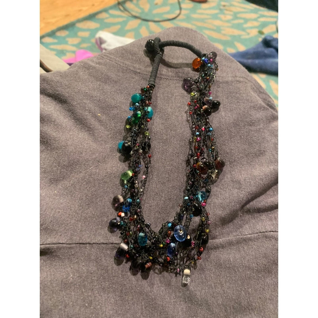 Artisan Handcrafted Crochet Multi Strand Glass Bead Statement Necklace Black 20"