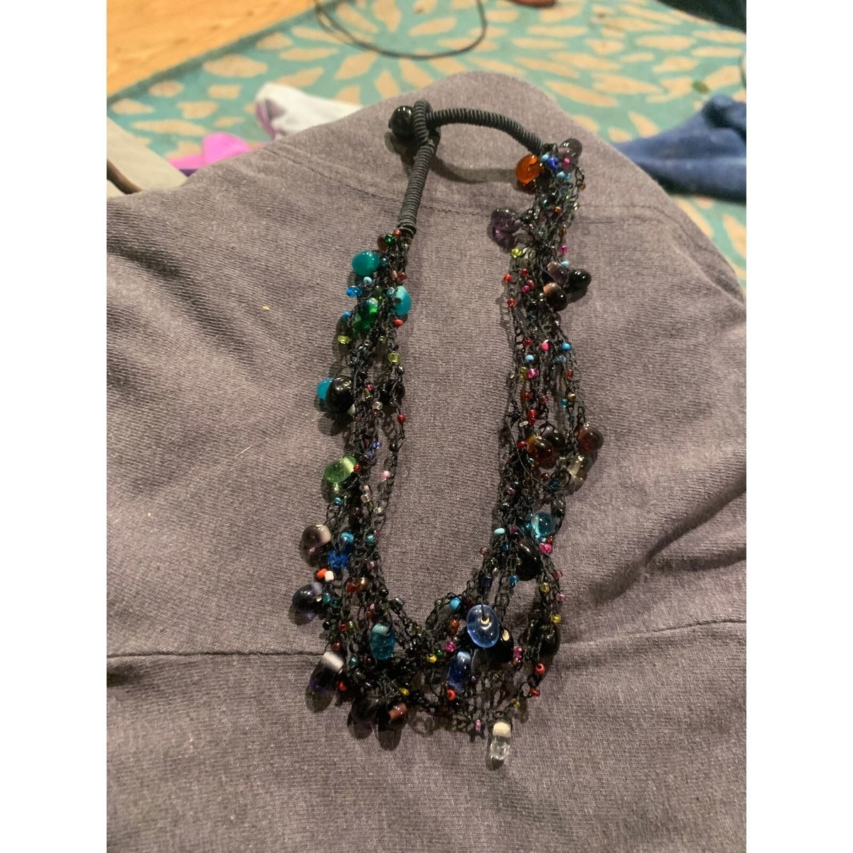 Artisan Handcrafted Crochet Multi Strand Glass Bead Statement Necklace Black 20"