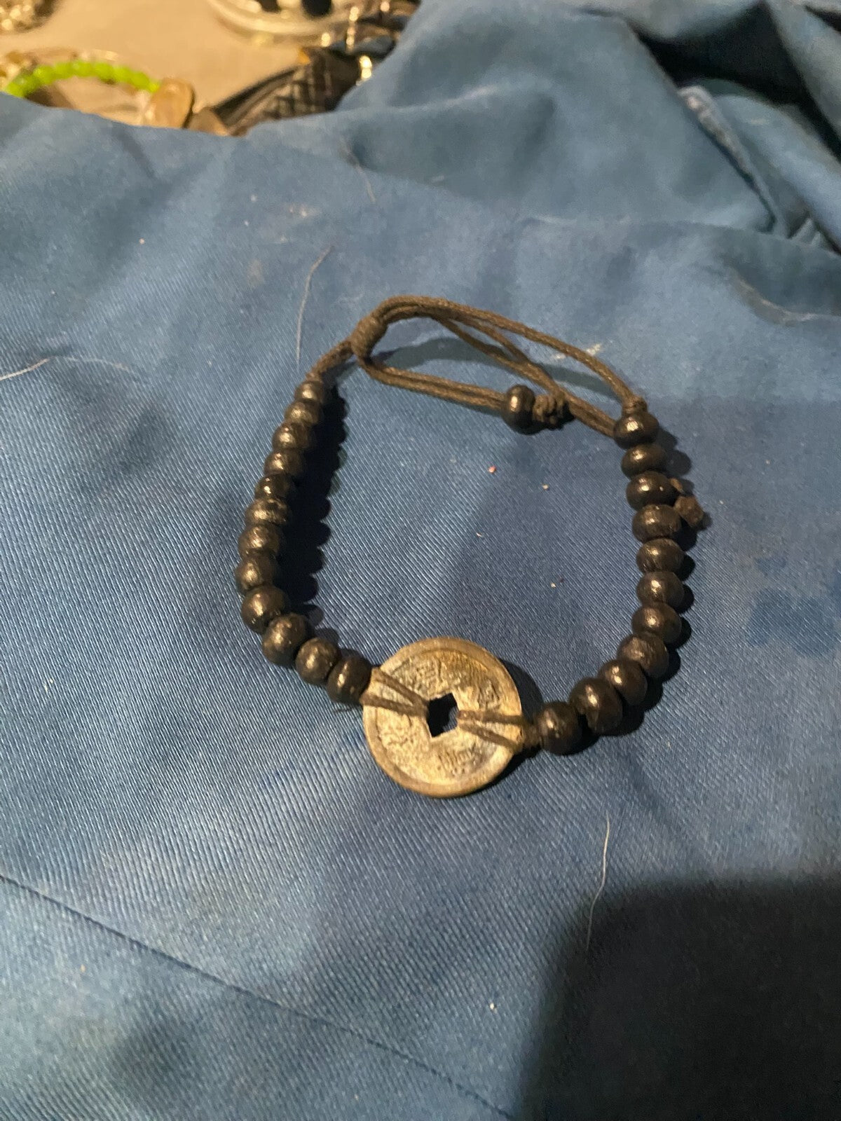 Bali Good Luck Feng Shui Bracelet Chinese Coin Black Beaded Adjustable Artisan