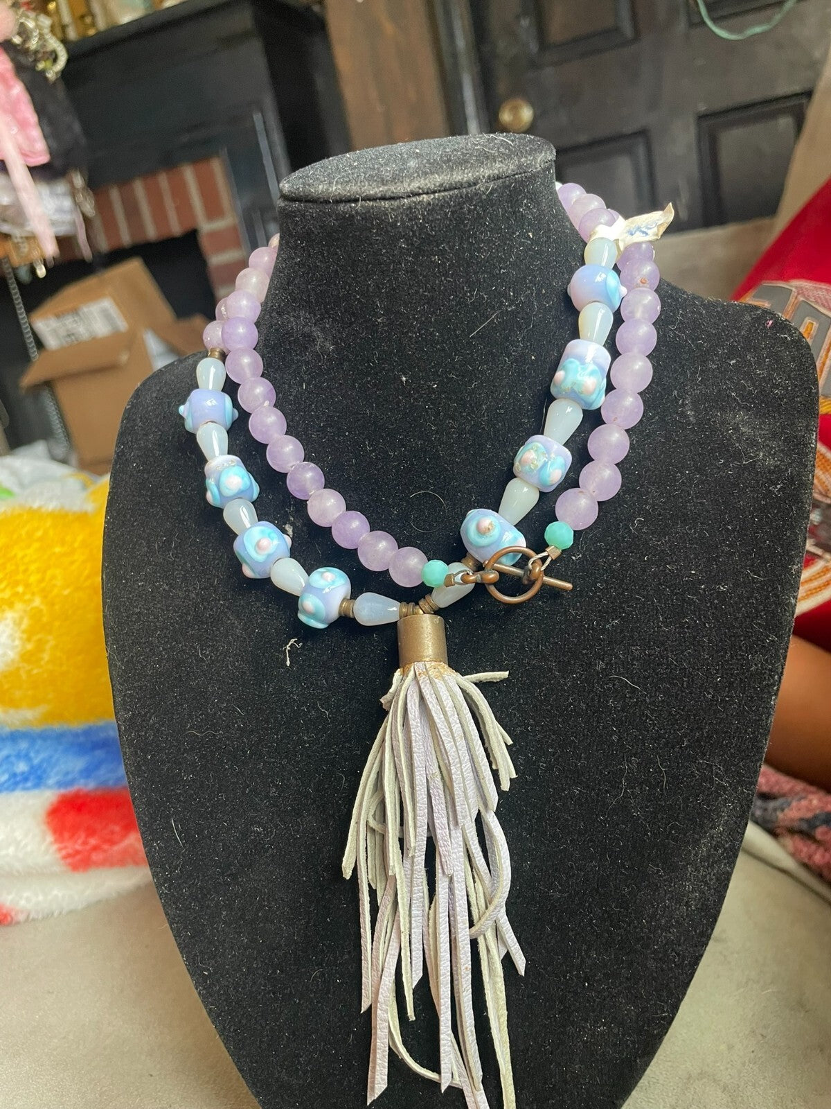 pink and lavender Italian bead tassel necklace