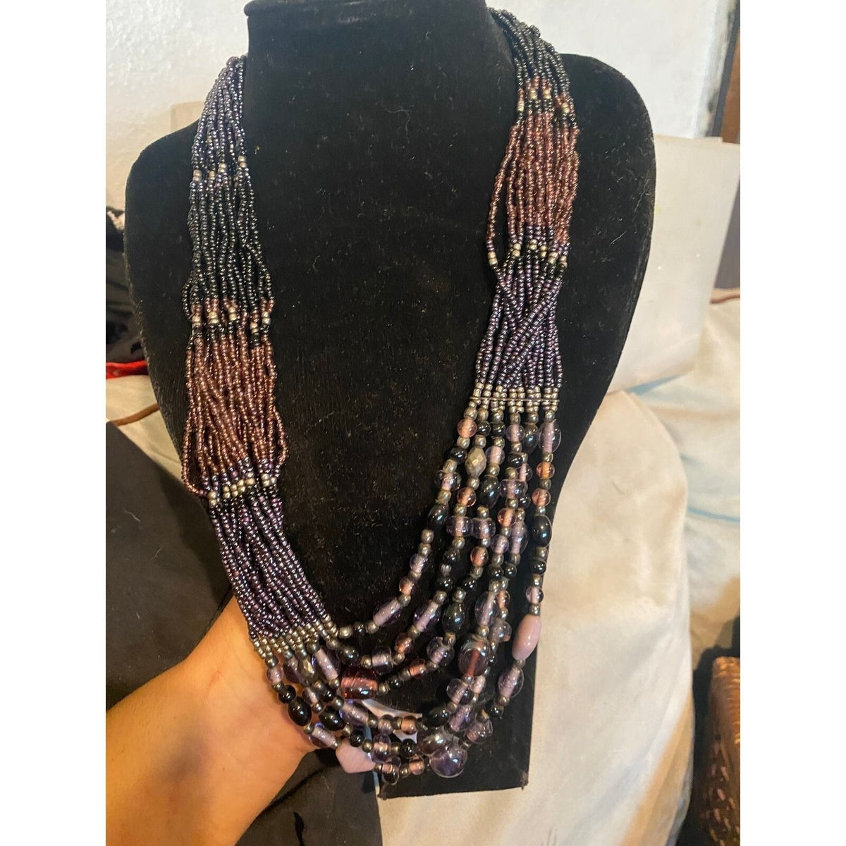 Multi Strand Seed Bead Statement Necklace Purple Mauve Black Iridescent Layered