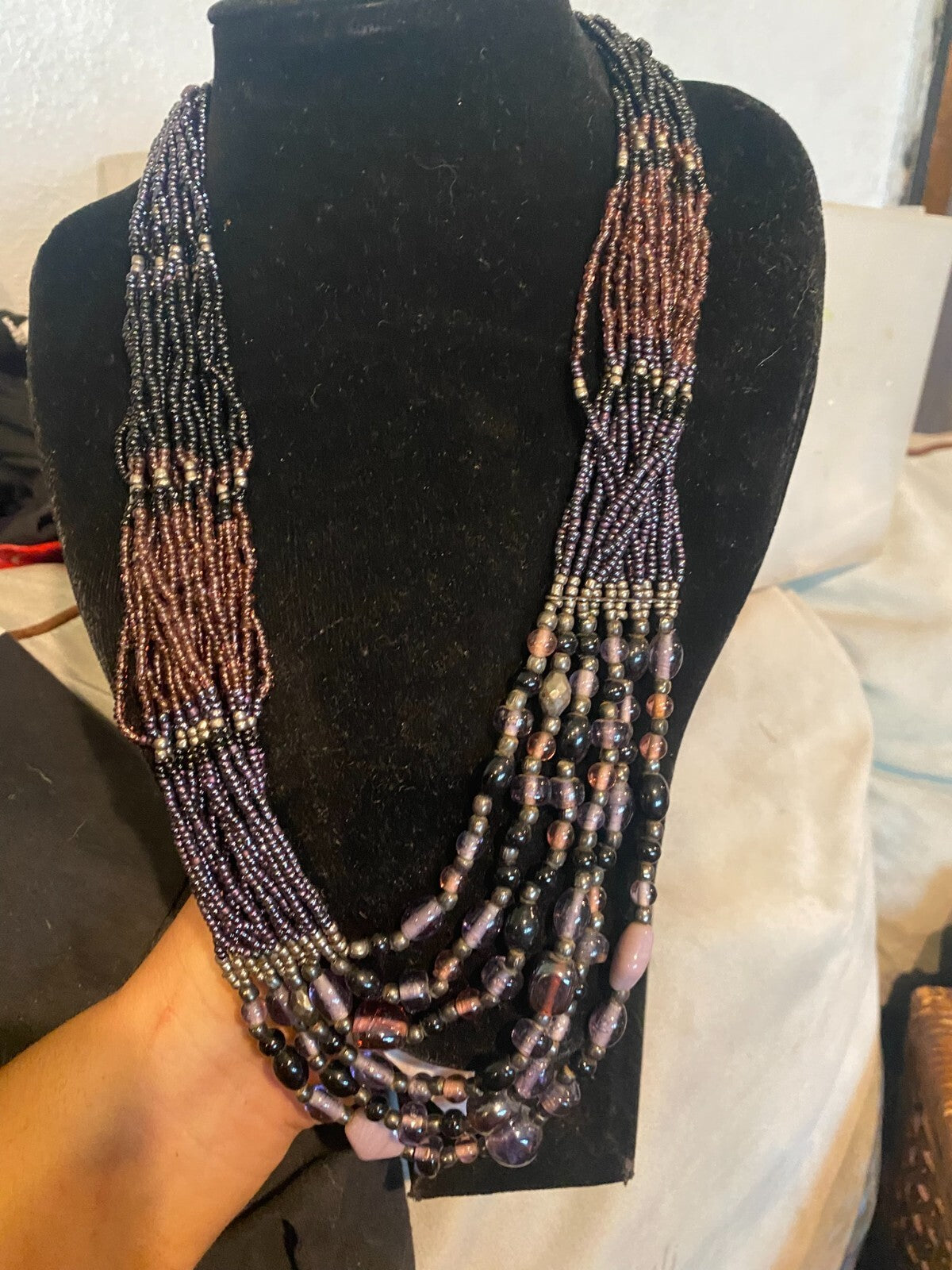 Boho Earthy Brown Purple Beaded Multi Strand Statement Necklace Vintage Style