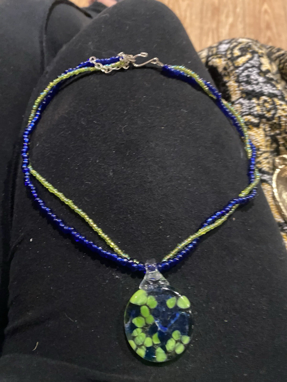 Handmade Fused Art Glass Pendant Necklace Blue Green 925 Sterling 23"