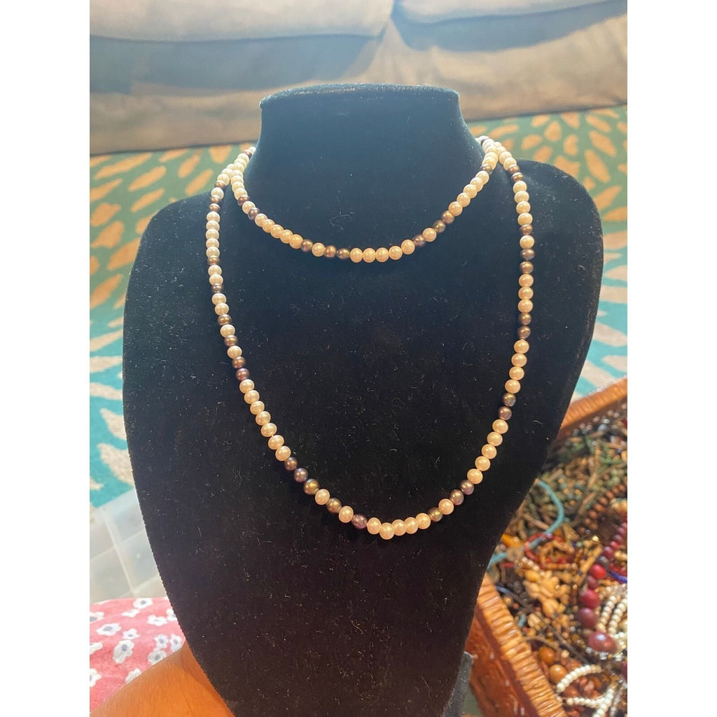 Vintage Long Cultured Pearl Necklace White Peacock Dark Pearls 32 Inch Opera