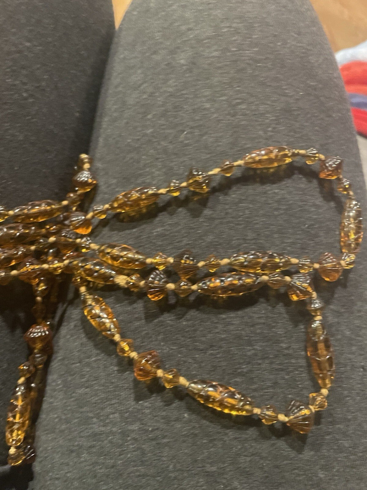 1920’s Czech Glass Honey Amber Carved Glass Bead Necklace