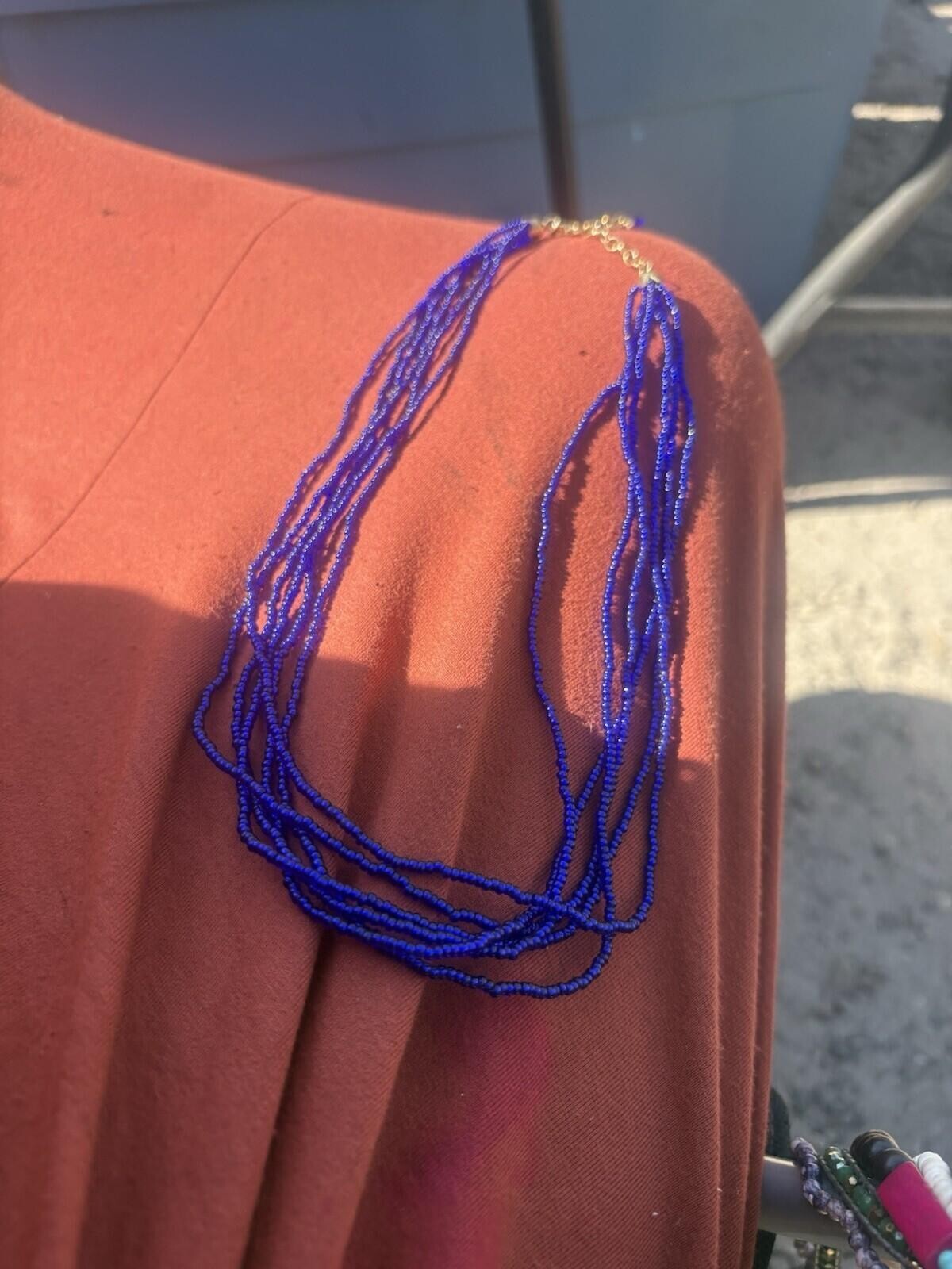 Vintage Cobalt Blue Glass Multi Strand Seed Bead Necklace Excellent 925 Italy