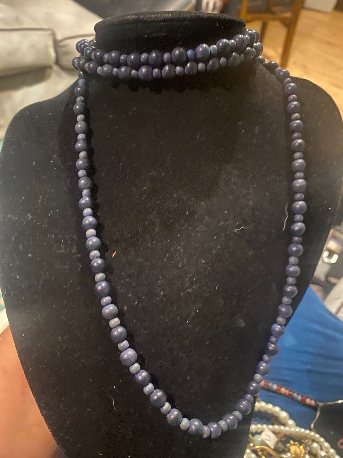 long blue wood necklace