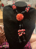 glass rhinestone and acrylic pink and black necklace with flowers